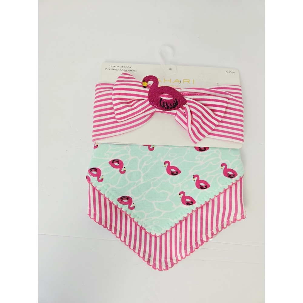 Taharia Baby girls 0-12 months 3 piece Flamingo headband/bibs NWT Summer Pool